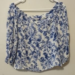 Jack Wills Women's Blue & White Floral Sheer Off The Shoulder Blouse Size 6